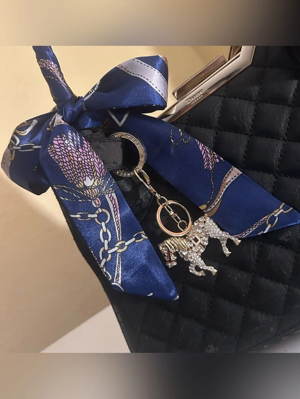 Twilly Silk Handbag Headband Neck Tie Scarf. Blue Navy Gold Good pair w/ Dior